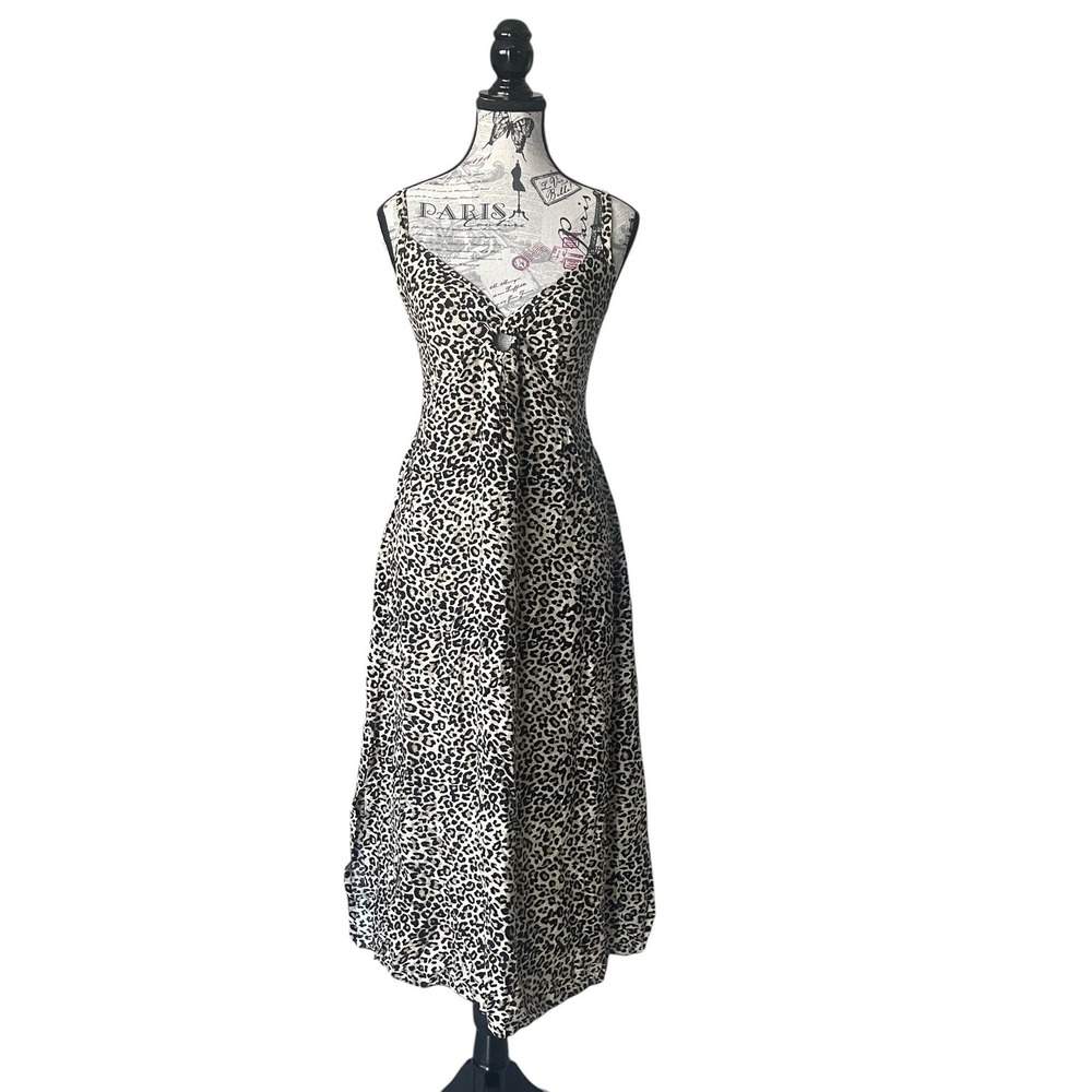 Island Planet Midi Dress Womens Sz Small Leopard Print O-Ring Smocked Back Brown